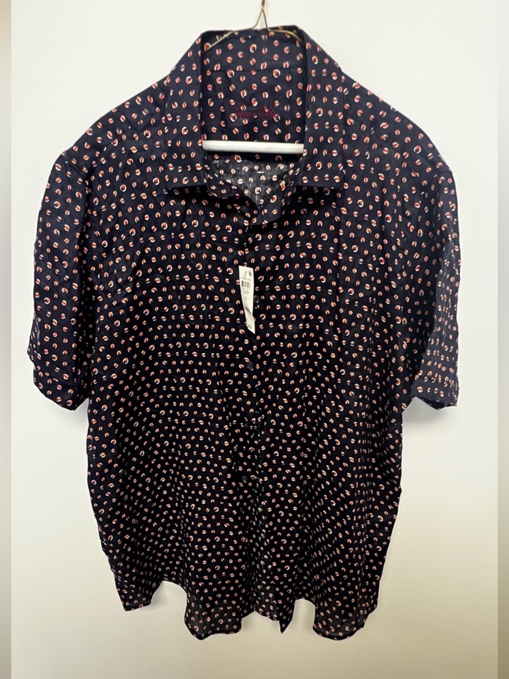 TASSO ELBA MEN’S BUTTON-UP SHORT SLEEVE LINEN SHIRT. SIZE XL  NAVY PATTERNED NWT